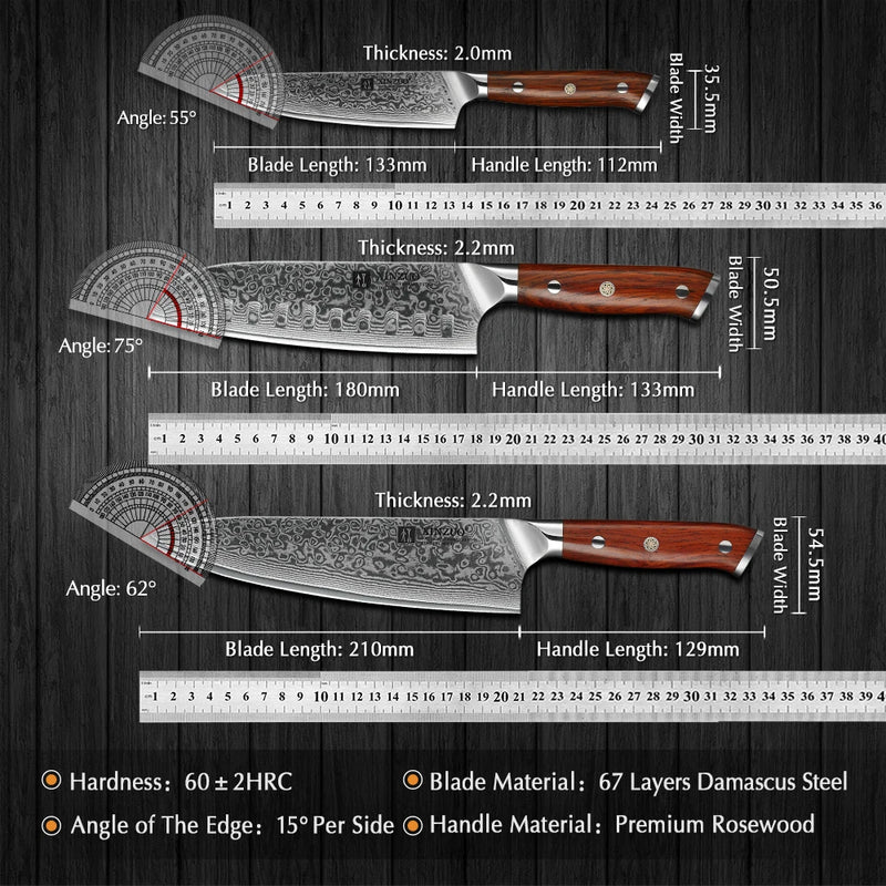 Xinzuo conjuntos de facas de cozinha japonesas forjadas, 1 ou 3 peças, aço damasco, chef santoku, aço inoxidável, cabo de madeira jacarandá