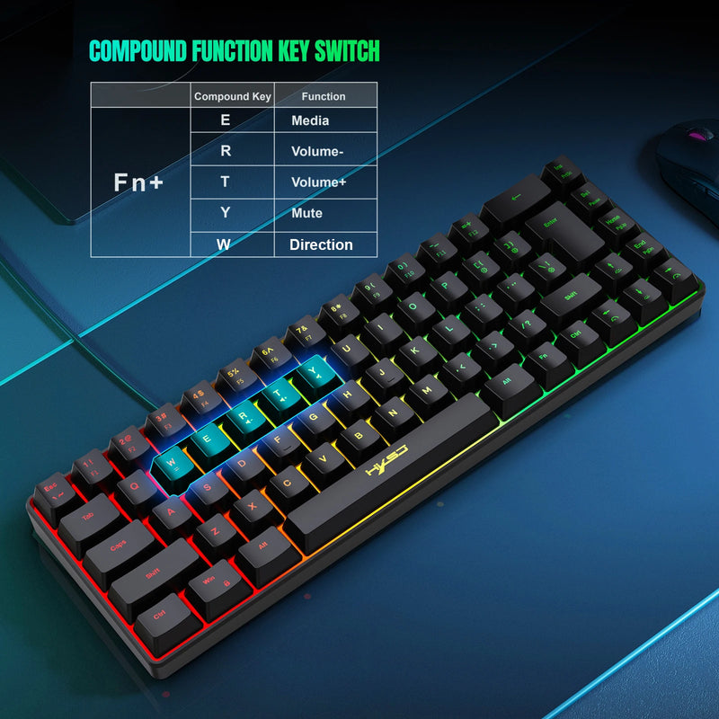 Teclado para jogos com 68 teclas USB portátil com fio 20 RGB teclado retroiluminado para laptops com Windows